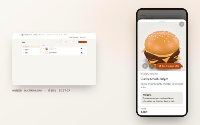 The ArMenu owner dashboard beside the guest app showing a burger in 3D with an AR button.